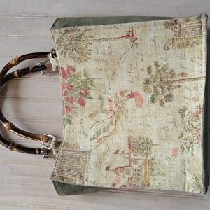 Bela Canvas California Hollywood Print Beach Floral Wooden Handles Tan Tote Bag